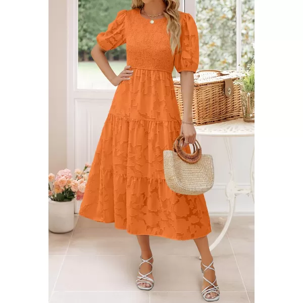 imageZESICA Womens 2023 Summer Short Puff Sleeve Crewneck Smocked Floral Lace Flowy A Line Tiered Midi DressesOrange