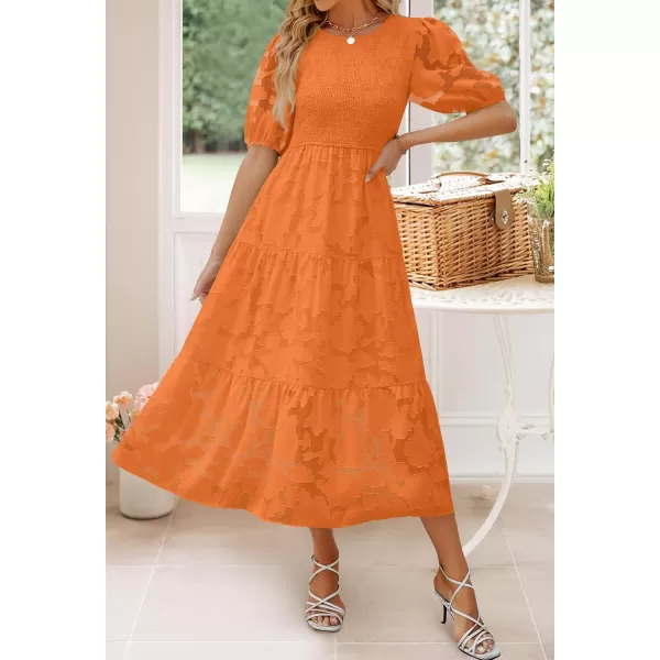 imageZESICA Womens 2023 Summer Short Puff Sleeve Crewneck Smocked Floral Lace Flowy A Line Tiered Midi DressesOrange