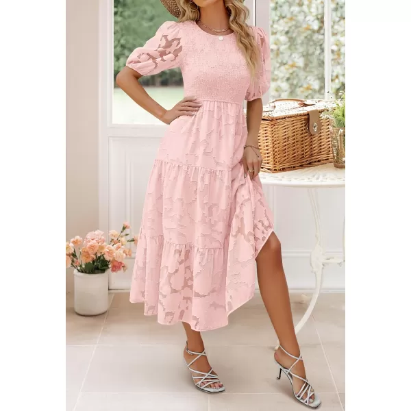 imageZESICA Womens 2023 Summer Short Puff Sleeve Crewneck Smocked Floral Lace Flowy A Line Tiered Midi DressesPink