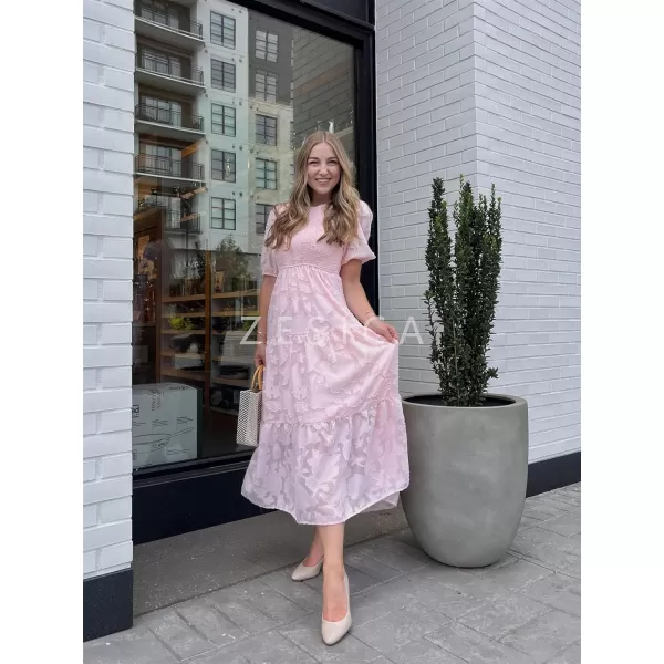 imageZESICA Womens 2023 Summer Short Puff Sleeve Crewneck Smocked Floral Lace Flowy A Line Tiered Midi DressesPink