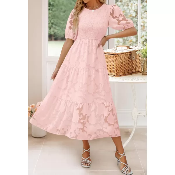 imageZESICA Womens 2023 Summer Short Puff Sleeve Crewneck Smocked Floral Lace Flowy A Line Tiered Midi DressesPink