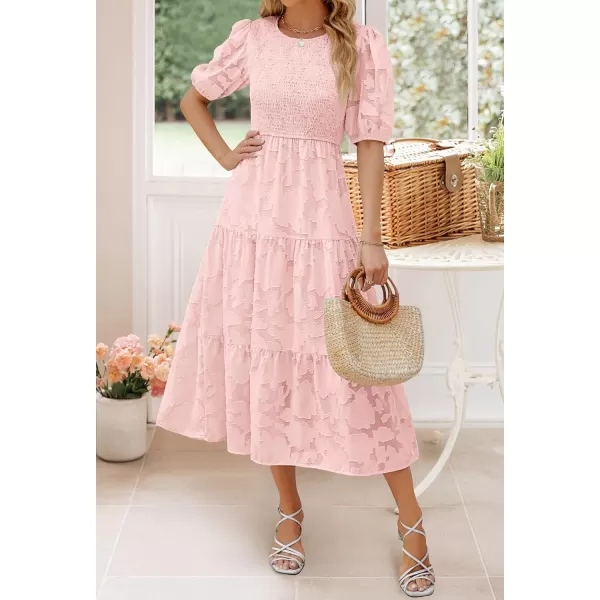 imageZESICA Womens 2023 Summer Short Puff Sleeve Crewneck Smocked Floral Lace Flowy A Line Tiered Midi DressesPink