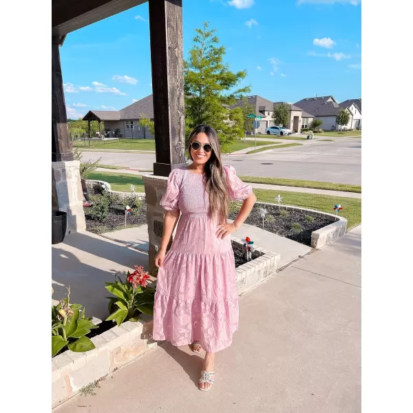 imageZESICA Womens 2023 Summer Short Puff Sleeve Crewneck Smocked Floral Lace Flowy A Line Tiered Midi DressesPink
