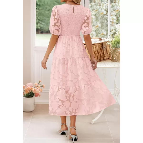 imageZESICA Womens 2023 Summer Short Puff Sleeve Crewneck Smocked Floral Lace Flowy A Line Tiered Midi DressesPink