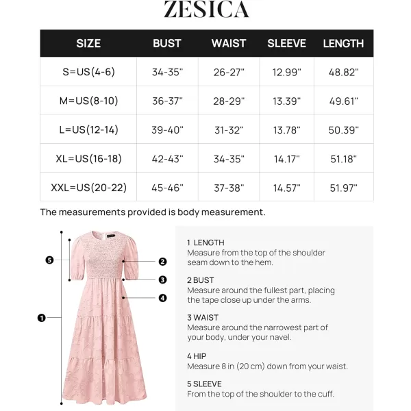 imageZESICA Womens 2023 Summer Short Puff Sleeve Crewneck Smocked Floral Lace Flowy A Line Tiered Midi DressesPink
