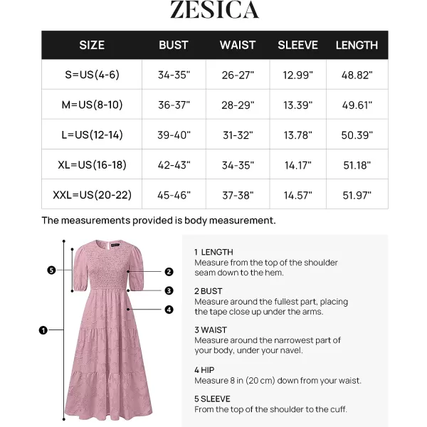imageZESICA Womens 2023 Summer Short Puff Sleeve Crewneck Smocked Floral Lace Flowy A Line Tiered Midi DressesPurple