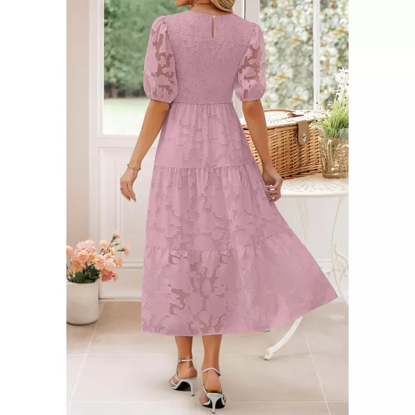 imageZESICA Womens 2023 Summer Short Puff Sleeve Crewneck Smocked Floral Lace Flowy A Line Tiered Midi DressesPurple