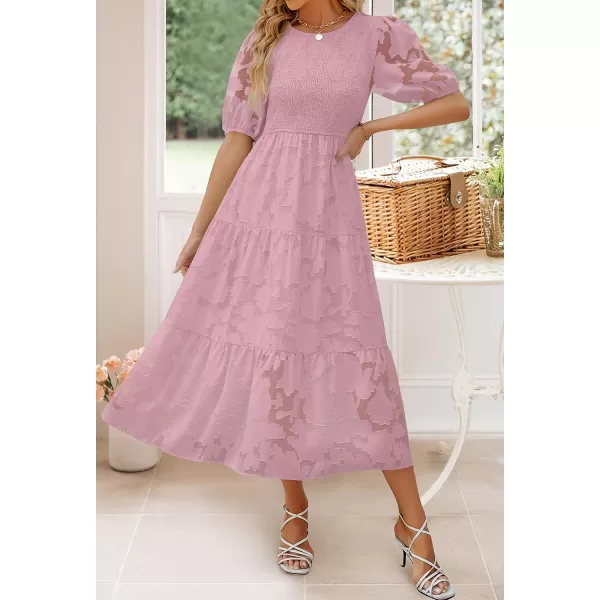 imageZESICA Womens 2023 Summer Short Puff Sleeve Crewneck Smocked Floral Lace Flowy A Line Tiered Midi DressesPurple