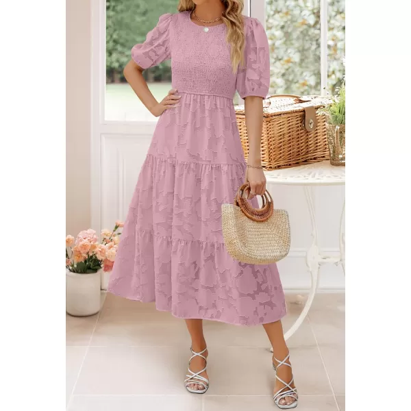 imageZESICA Womens 2023 Summer Short Puff Sleeve Crewneck Smocked Floral Lace Flowy A Line Tiered Midi DressesPurple