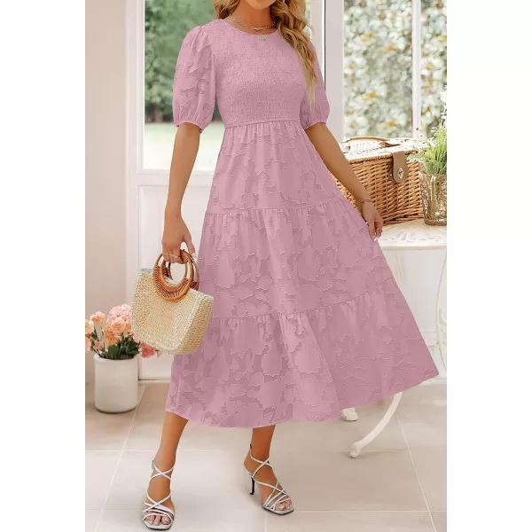 imageZESICA Womens 2023 Summer Short Puff Sleeve Crewneck Smocked Floral Lace Flowy A Line Tiered Midi DressesPurple