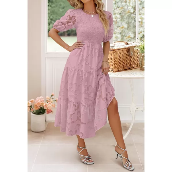 imageZESICA Womens 2023 Summer Short Puff Sleeve Crewneck Smocked Floral Lace Flowy A Line Tiered Midi DressesPurple