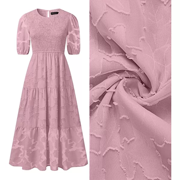 imageZESICA Womens 2023 Summer Short Puff Sleeve Crewneck Smocked Floral Lace Flowy A Line Tiered Midi DressesPurple