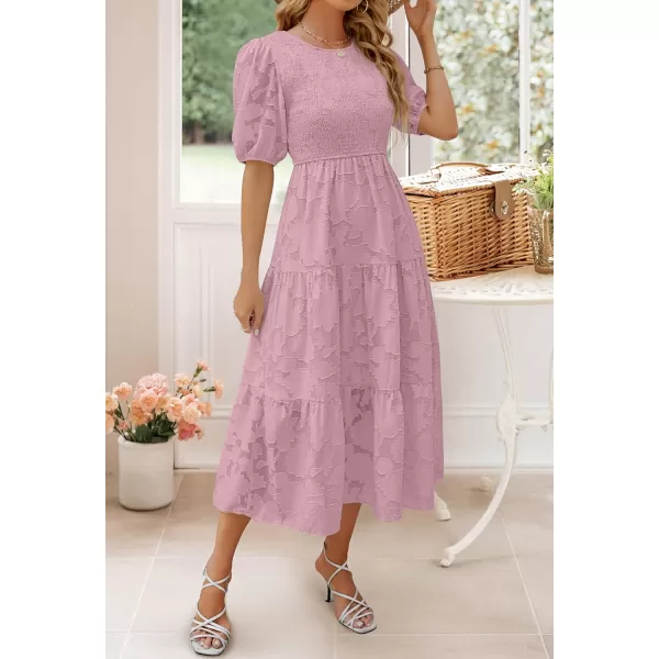 imageZESICA Womens 2023 Summer Short Puff Sleeve Crewneck Smocked Floral Lace Flowy A Line Tiered Midi DressesPurple