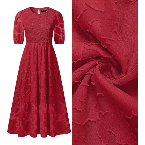 imageZESICA Womens 2023 Summer Short Puff Sleeve Crewneck Smocked Floral Lace Flowy A Line Tiered Midi DressesRed