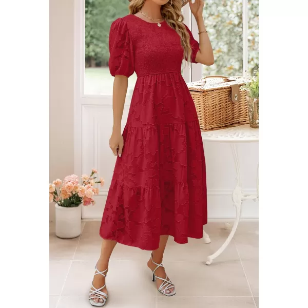 imageZESICA Womens 2023 Summer Short Puff Sleeve Crewneck Smocked Floral Lace Flowy A Line Tiered Midi DressesRed