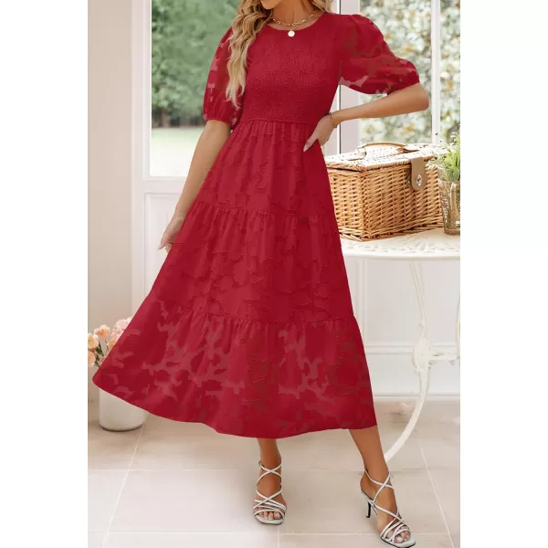 imageZESICA Womens 2023 Summer Short Puff Sleeve Crewneck Smocked Floral Lace Flowy A Line Tiered Midi DressesRed