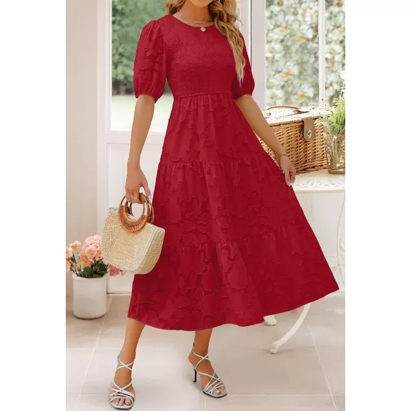 imageZESICA Womens 2023 Summer Short Puff Sleeve Crewneck Smocked Floral Lace Flowy A Line Tiered Midi DressesRed