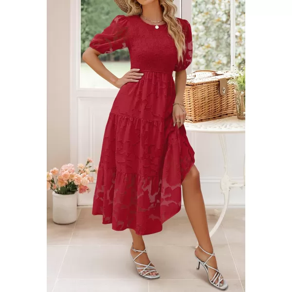 imageZESICA Womens 2023 Summer Short Puff Sleeve Crewneck Smocked Floral Lace Flowy A Line Tiered Midi DressesRed