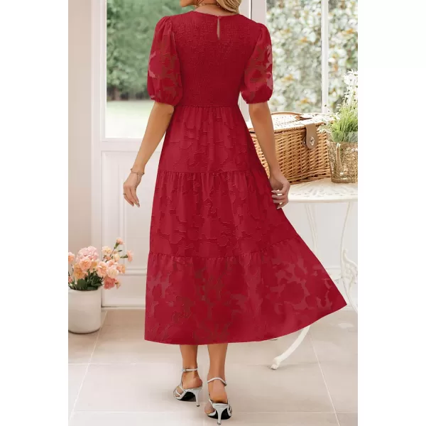 imageZESICA Womens 2023 Summer Short Puff Sleeve Crewneck Smocked Floral Lace Flowy A Line Tiered Midi DressesRed