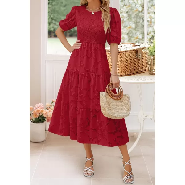 imageZESICA Womens 2023 Summer Short Puff Sleeve Crewneck Smocked Floral Lace Flowy A Line Tiered Midi DressesRed