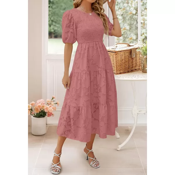 imageZESICA Womens 2023 Summer Short Puff Sleeve Crewneck Smocked Floral Lace Flowy A Line Tiered Midi DressesTearose