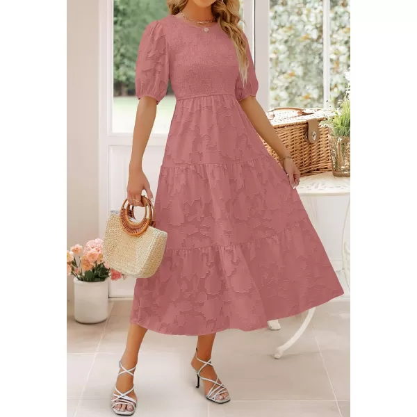 imageZESICA Womens 2023 Summer Short Puff Sleeve Crewneck Smocked Floral Lace Flowy A Line Tiered Midi DressesTearose