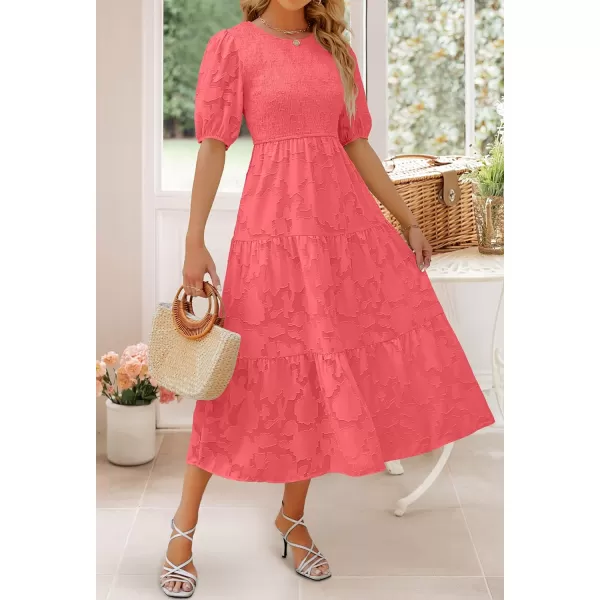 imageZESICA Womens 2023 Summer Short Puff Sleeve Crewneck Smocked Floral Lace Flowy A Line Tiered Midi DressesWatermelon