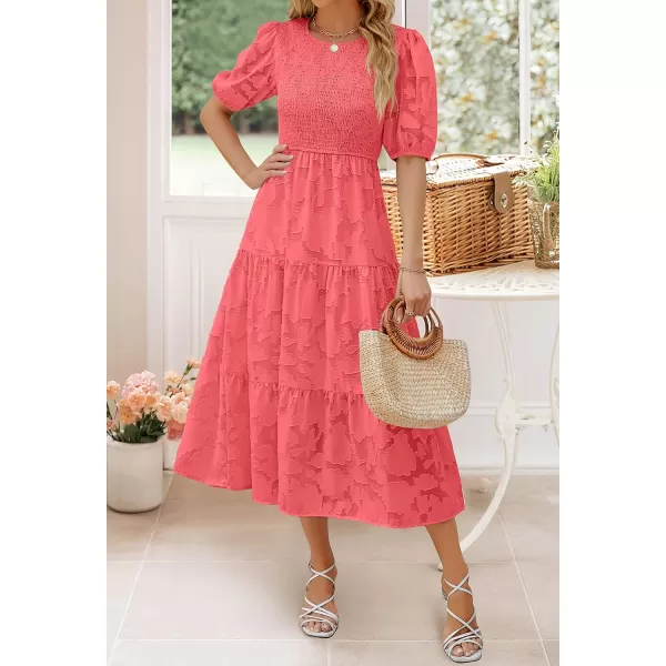 imageZESICA Womens 2023 Summer Short Puff Sleeve Crewneck Smocked Floral Lace Flowy A Line Tiered Midi DressesWatermelon