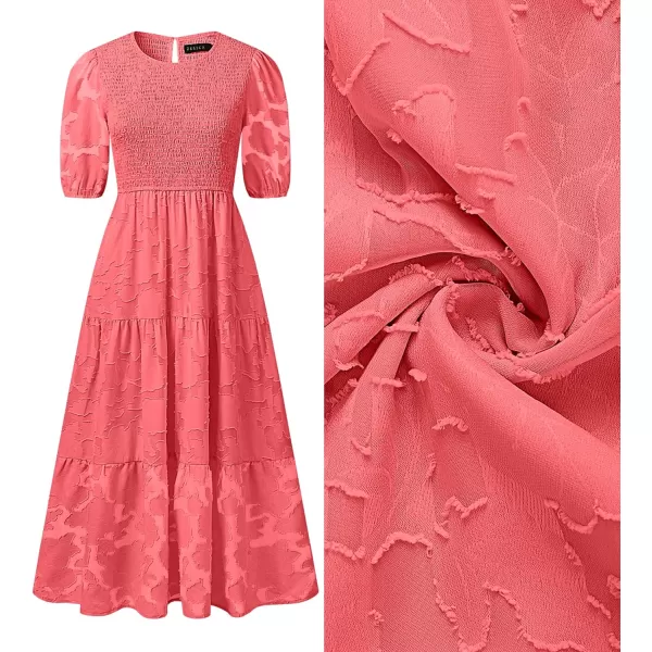 imageZESICA Womens 2023 Summer Short Puff Sleeve Crewneck Smocked Floral Lace Flowy A Line Tiered Midi DressesWatermelon