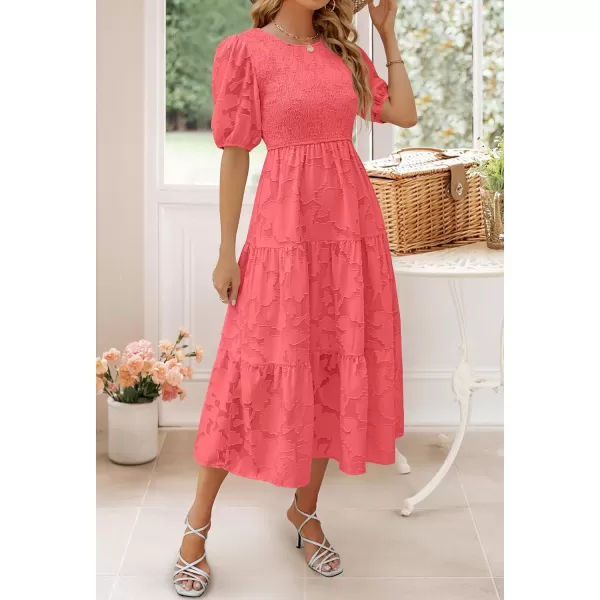 imageZESICA Womens 2023 Summer Short Puff Sleeve Crewneck Smocked Floral Lace Flowy A Line Tiered Midi DressesWatermelon