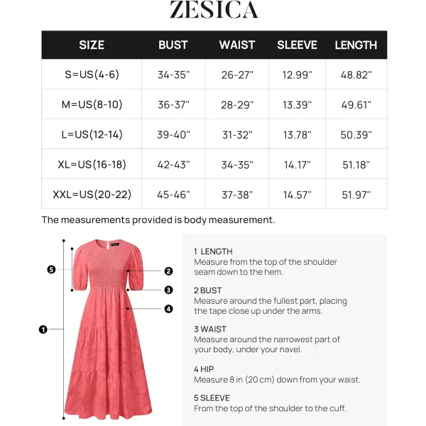 imageZESICA Womens 2023 Summer Short Puff Sleeve Crewneck Smocked Floral Lace Flowy A Line Tiered Midi DressesWatermelon