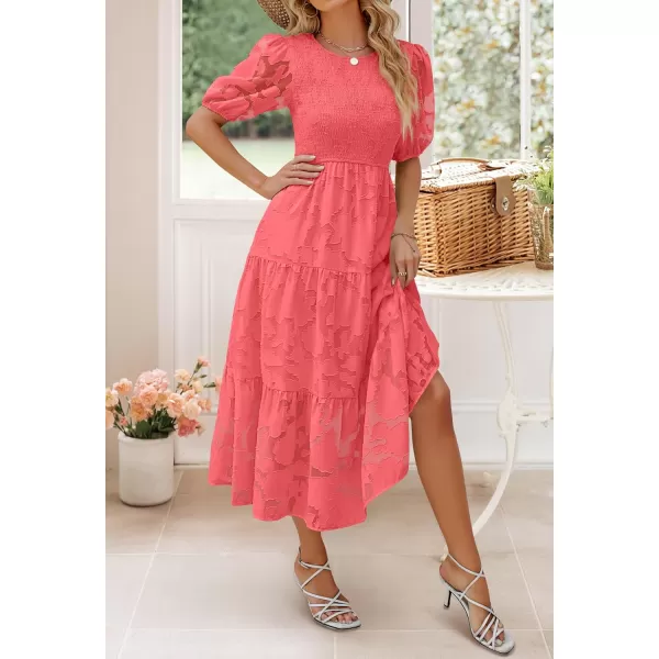 imageZESICA Womens 2023 Summer Short Puff Sleeve Crewneck Smocked Floral Lace Flowy A Line Tiered Midi DressesWatermelon