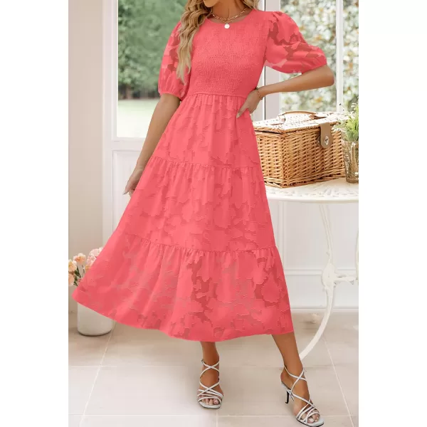 imageZESICA Womens 2023 Summer Short Puff Sleeve Crewneck Smocked Floral Lace Flowy A Line Tiered Midi DressesWatermelon