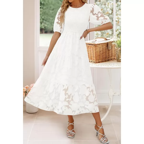 imageZESICA Womens 2023 Summer Short Puff Sleeve Crewneck Smocked Floral Lace Flowy A Line Tiered Midi DressesWhite