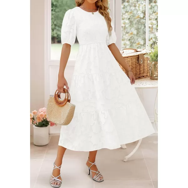 imageZESICA Womens 2023 Summer Short Puff Sleeve Crewneck Smocked Floral Lace Flowy A Line Tiered Midi DressesWhite
