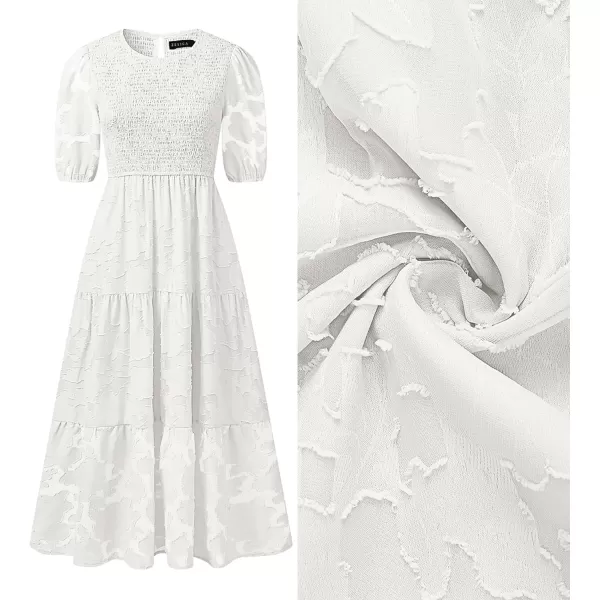 imageZESICA Womens 2023 Summer Short Puff Sleeve Crewneck Smocked Floral Lace Flowy A Line Tiered Midi DressesWhite