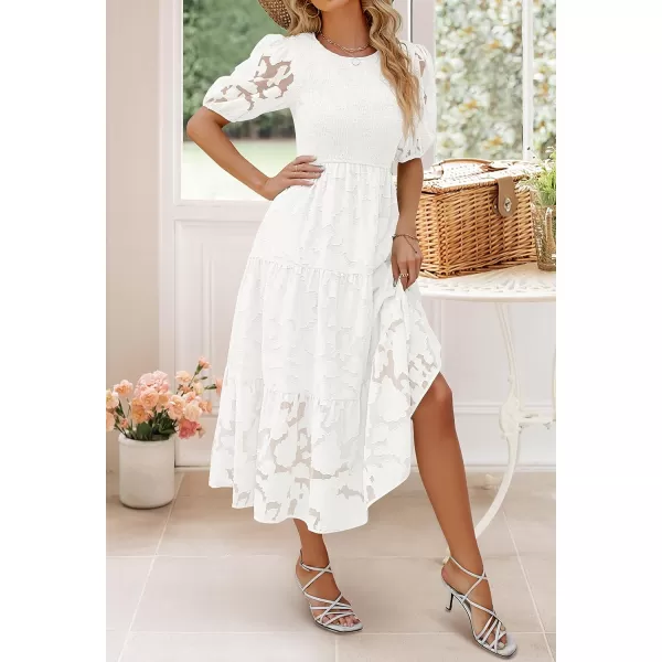 imageZESICA Womens 2023 Summer Short Puff Sleeve Crewneck Smocked Floral Lace Flowy A Line Tiered Midi DressesWhite