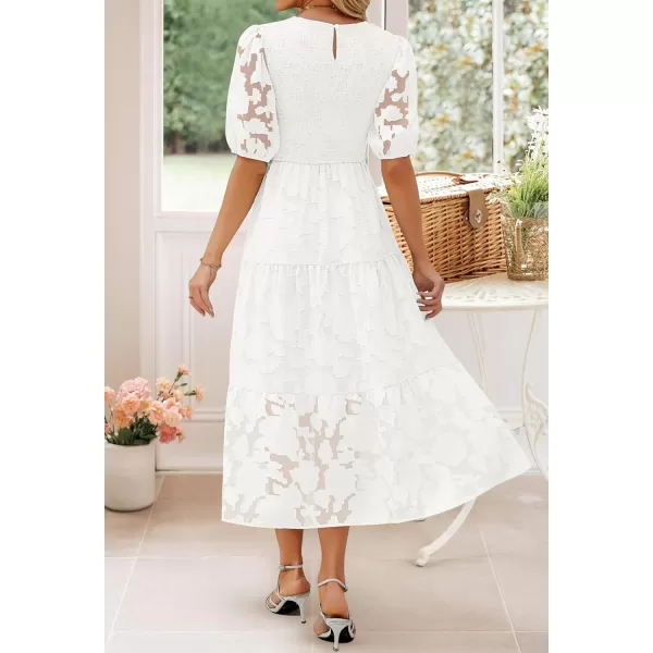 imageZESICA Womens 2023 Summer Short Puff Sleeve Crewneck Smocked Floral Lace Flowy A Line Tiered Midi DressesWhite