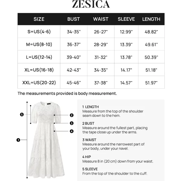 imageZESICA Womens 2023 Summer Short Puff Sleeve Crewneck Smocked Floral Lace Flowy A Line Tiered Midi DressesWhite