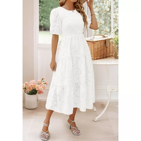 imageZESICA Womens 2023 Summer Short Puff Sleeve Crewneck Smocked Floral Lace Flowy A Line Tiered Midi DressesWhite