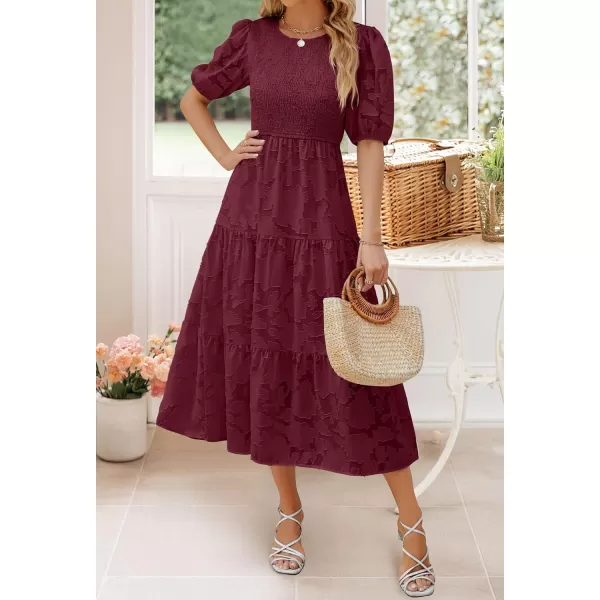 imageZESICA Womens 2023 Summer Short Puff Sleeve Crewneck Smocked Floral Lace Flowy A Line Tiered Midi DressesWine