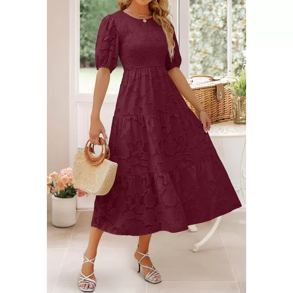 imageZESICA Womens 2023 Summer Short Puff Sleeve Crewneck Smocked Floral Lace Flowy A Line Tiered Midi DressesWine