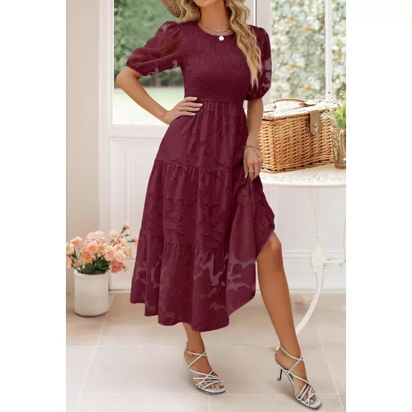 imageZESICA Womens 2023 Summer Short Puff Sleeve Crewneck Smocked Floral Lace Flowy A Line Tiered Midi DressesWine