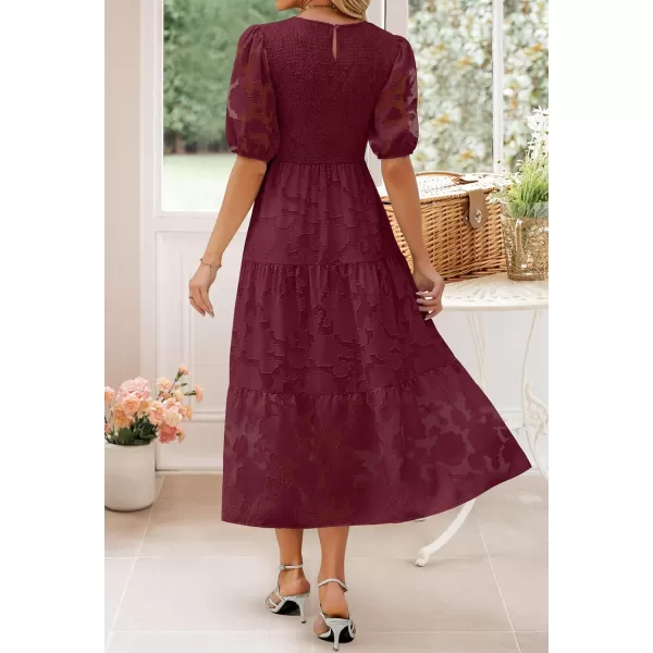 imageZESICA Womens 2023 Summer Short Puff Sleeve Crewneck Smocked Floral Lace Flowy A Line Tiered Midi DressesWine