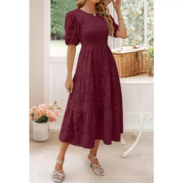 imageZESICA Womens 2023 Summer Short Puff Sleeve Crewneck Smocked Floral Lace Flowy A Line Tiered Midi DressesWine