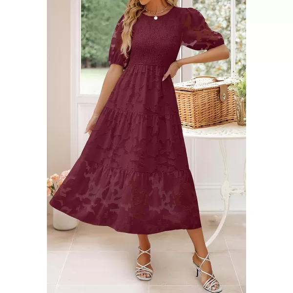 imageZESICA Womens 2023 Summer Short Puff Sleeve Crewneck Smocked Floral Lace Flowy A Line Tiered Midi DressesWine