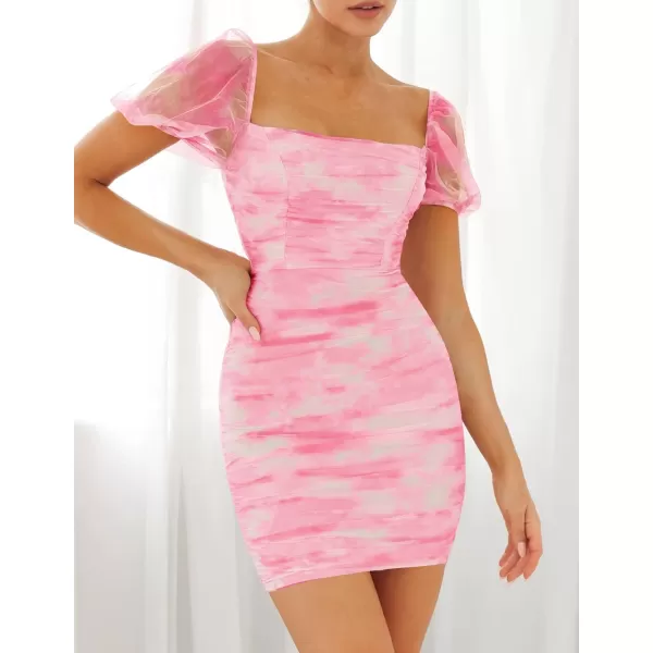 imageZESICA Womens 2023 Summer Short Puff Sleeve Tie Dye Print Ruched Bodycon Cocktail Party Wedding Guest Short Mini DressHotpink