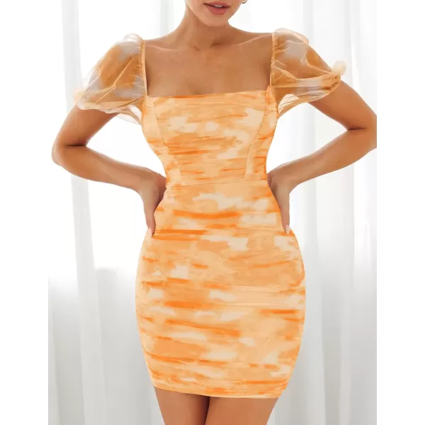 imageZESICA Womens 2023 Summer Short Puff Sleeve Tie Dye Print Ruched Bodycon Cocktail Party Wedding Guest Short Mini DressOrange