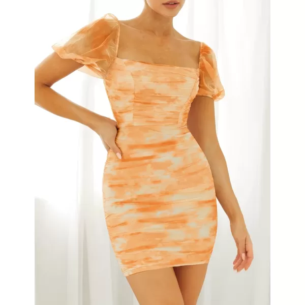 imageZESICA Womens 2023 Summer Short Puff Sleeve Tie Dye Print Ruched Bodycon Cocktail Party Wedding Guest Short Mini DressOrange