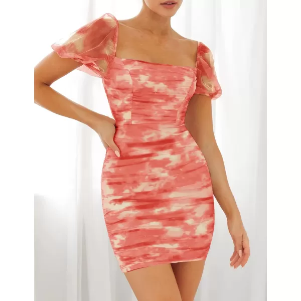 imageZESICA Womens 2023 Summer Short Puff Sleeve Tie Dye Print Ruched Bodycon Cocktail Party Wedding Guest Short Mini DressRed